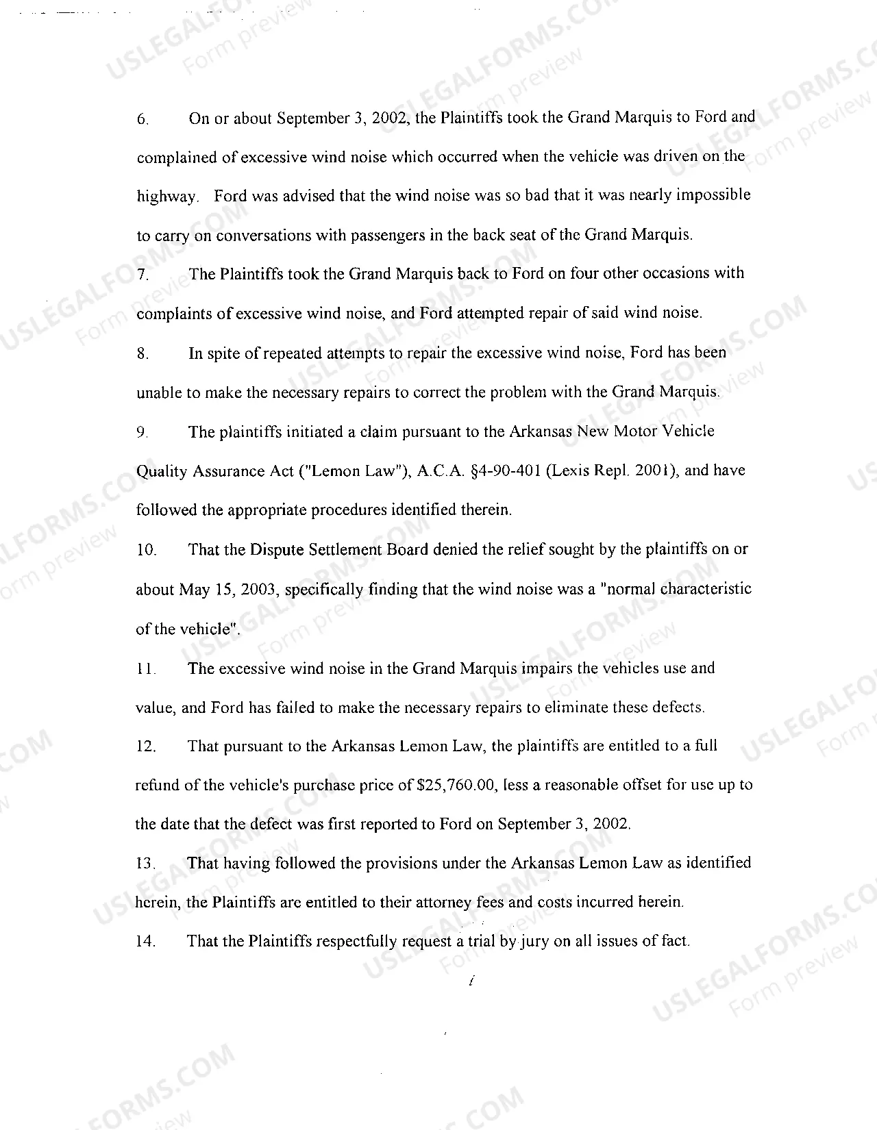 Preview A02 Complaint for Violation of Arkansas Lemon Law