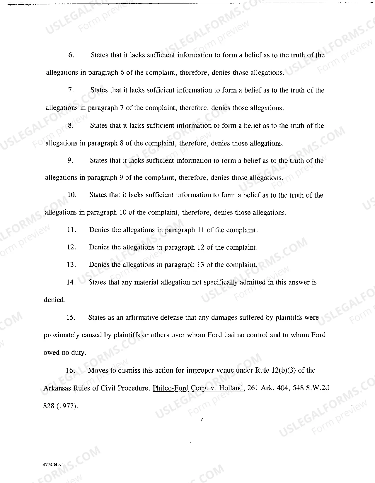 Preview A03 Answer to Complaint for Violation of Arkansas Lemon Law