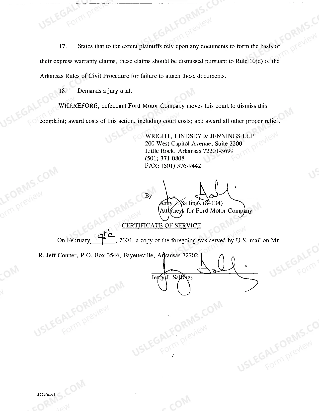 Preview A03 Answer to Complaint for Violation of Arkansas Lemon Law