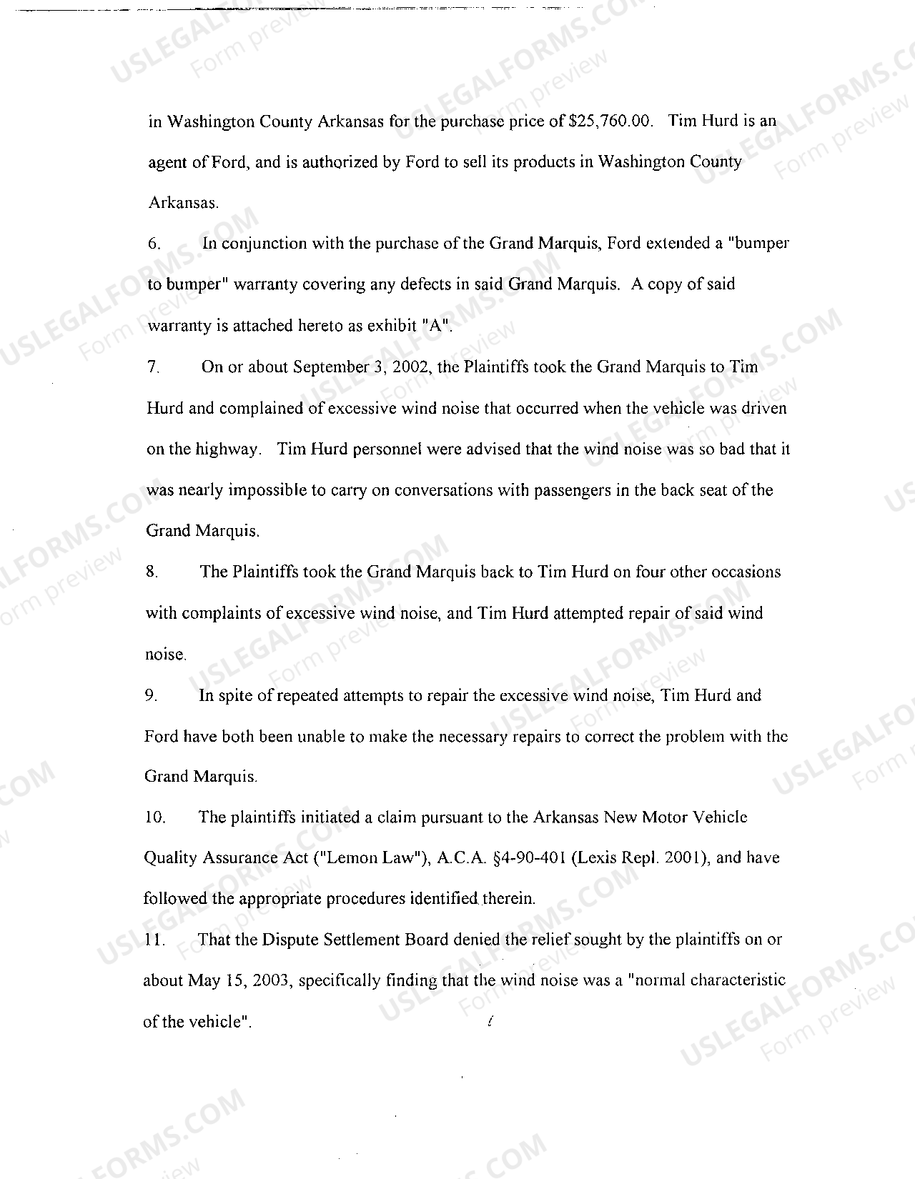 Amended Complaint for Violation of Arkansas Lemon Law Arkansas Lemon