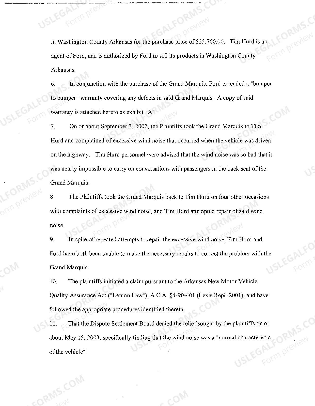 Preview A12 Amended Complaint for Violation of Arkansas Lemon Law