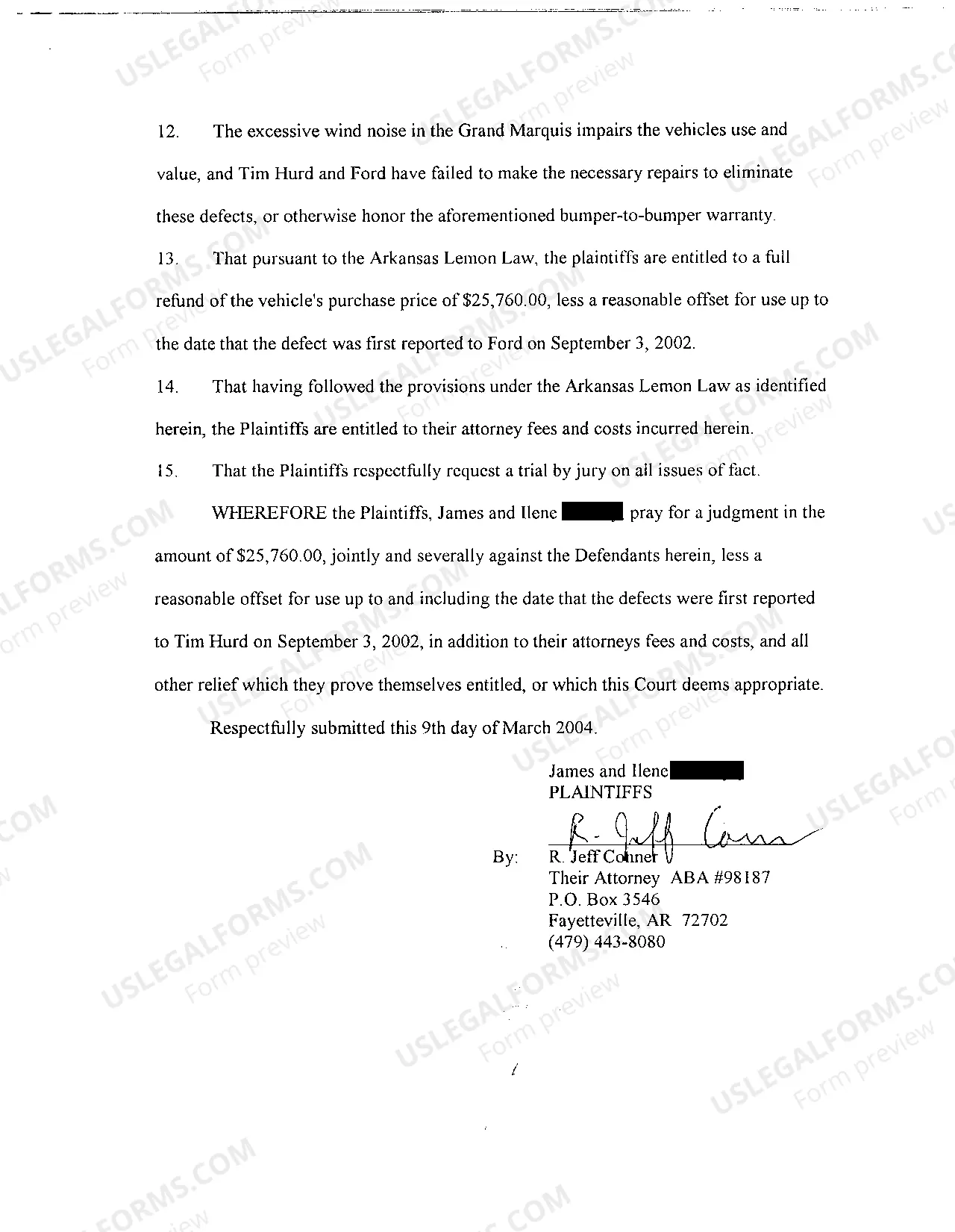 Preview A12 Amended Complaint for Violation of Arkansas Lemon Law