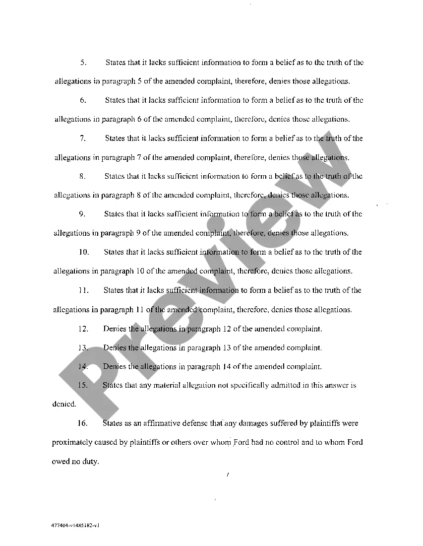 Preview A15 Answer of Separate Defendant, Ford Motor Company, To the Amended Complaint