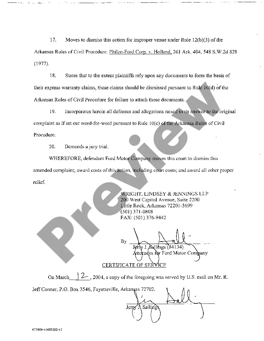 Preview A15 Answer of Separate Defendant, Ford Motor Company, To the Amended Complaint