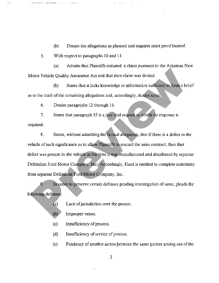 Preview A16 Answer to Amended Complaint for Violation of Arkansas Lemon Law