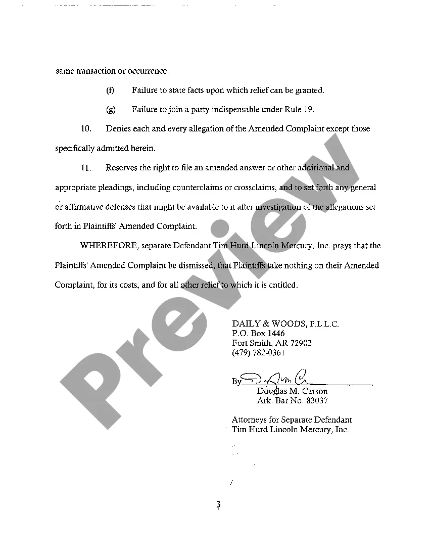 Preview A16 Answer to Amended Complaint for Violation of Arkansas Lemon Law