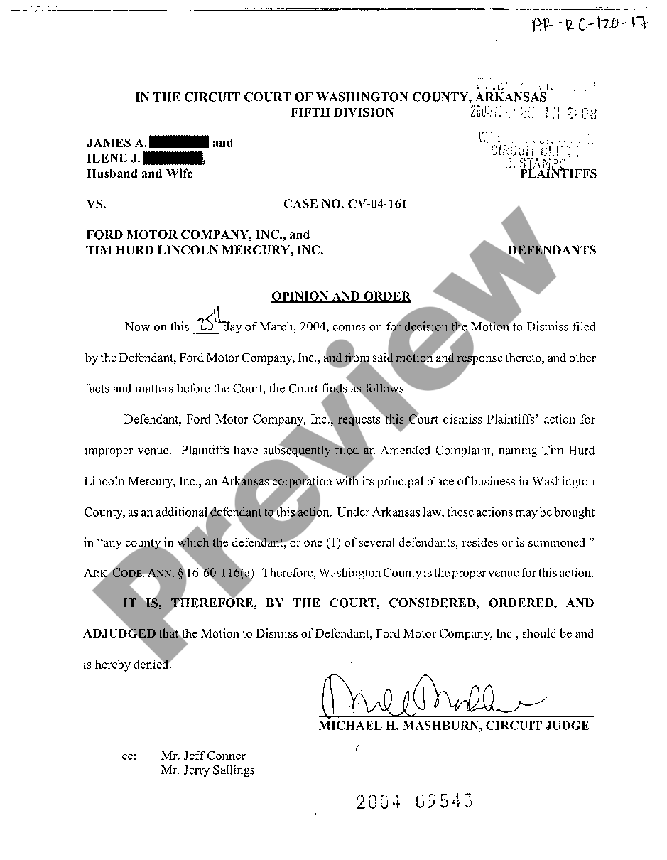 Arkansas Opinion and Order denying Motion to Dismiss | US Legal Forms