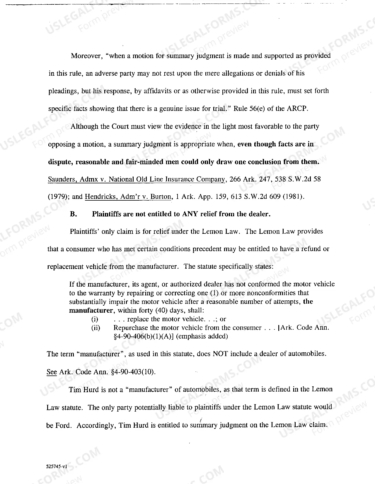 Preview A19 Tim Hurd Lincoln Mercury Inc.'s Brief in Support of Motion for Summary Judgment