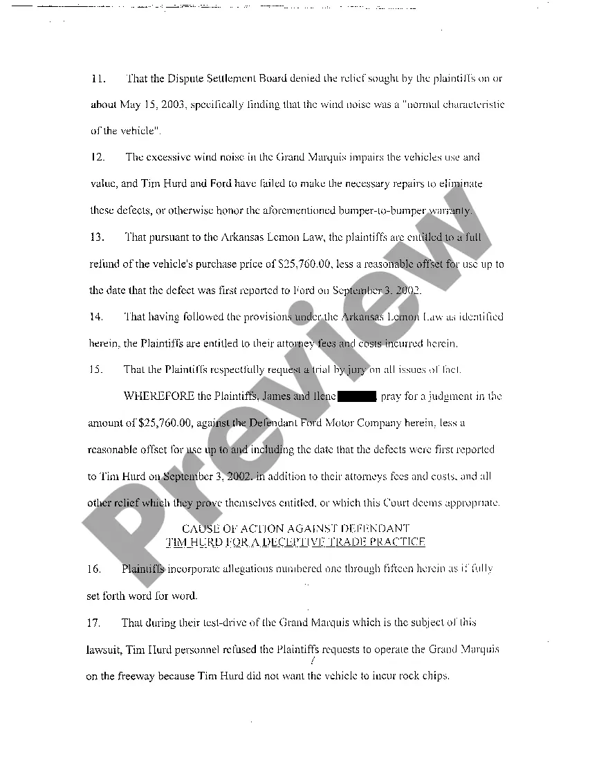 Preview A20 Second Amended Complaint for Violation of Arkansas Lemon Law