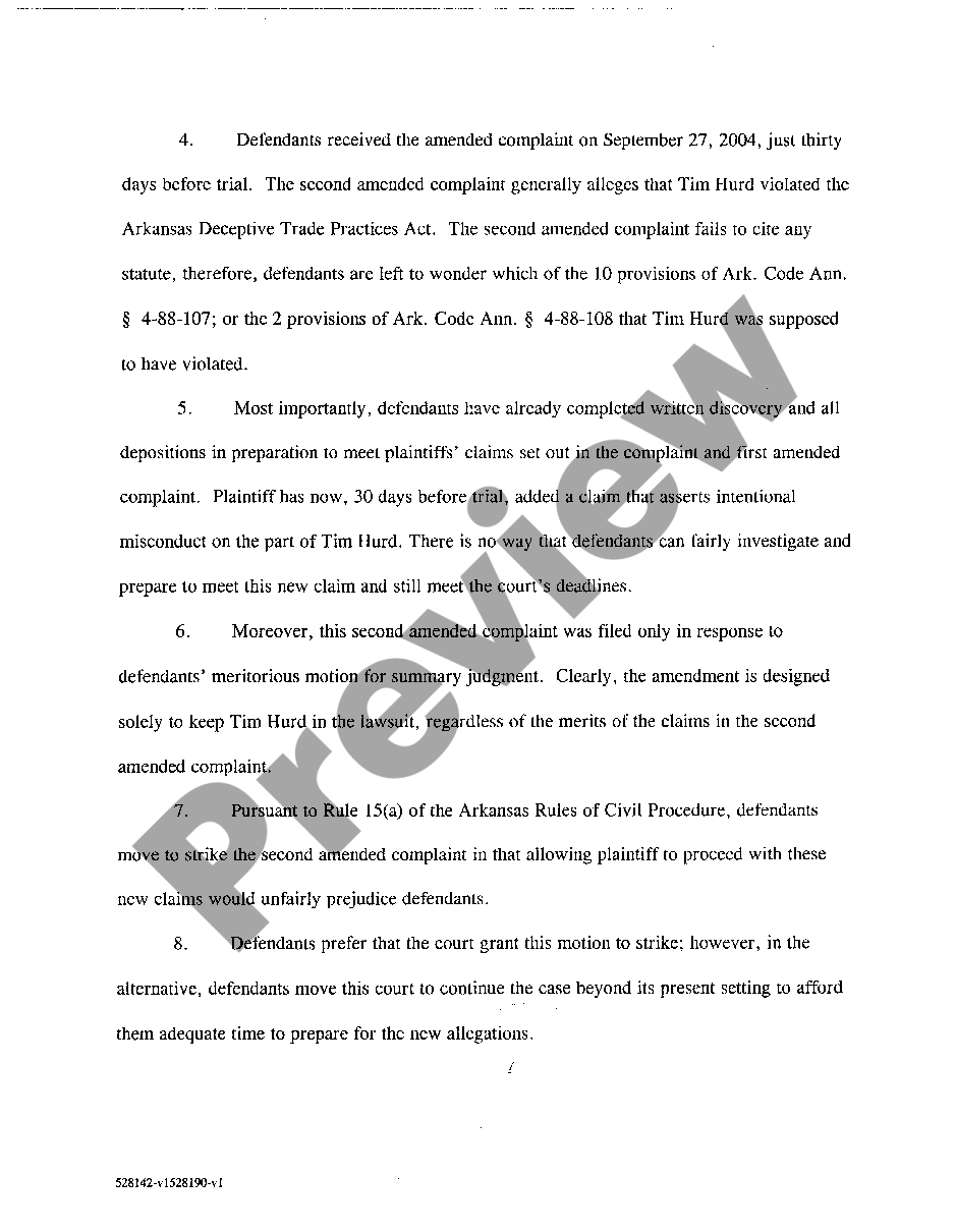 Arkansas motion to strike for reconsideration us legal forms