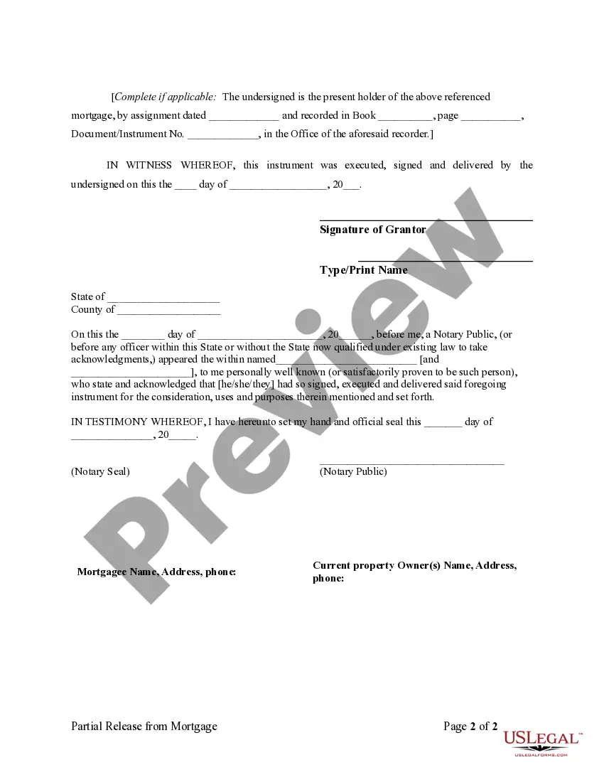 Preview Partial Release of Property From Mortgage by Individual Holder