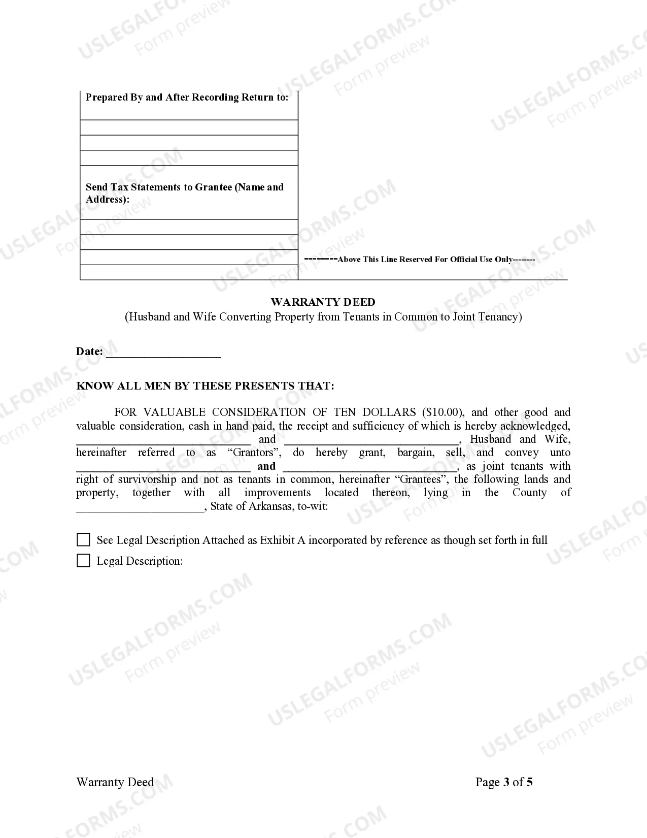 Preview Warranty Deed for Husband and Wife Converting Property from Tenants in Common to Joint Tenancy