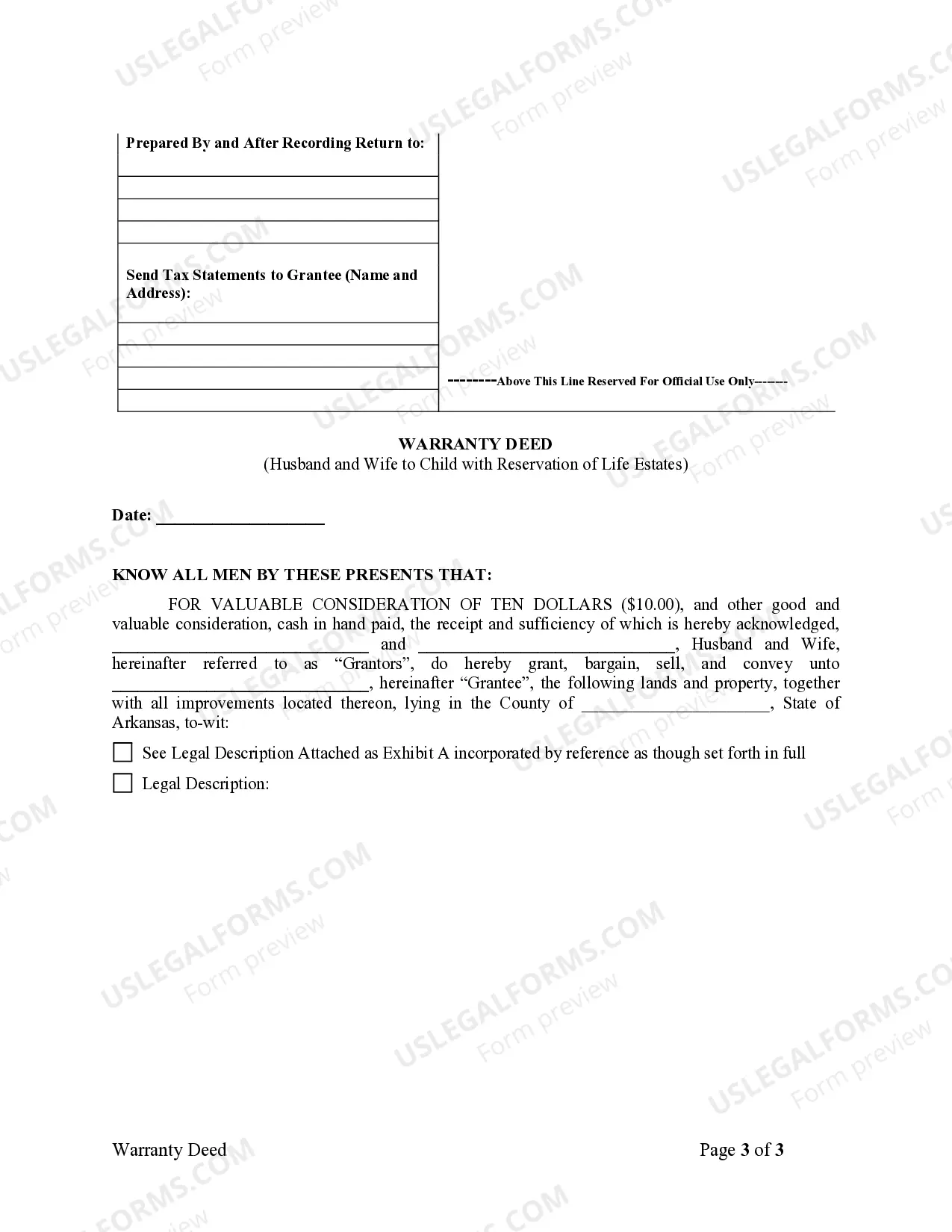 Preview Warranty Deed for Parents to Child with Reservation of Life Estate
