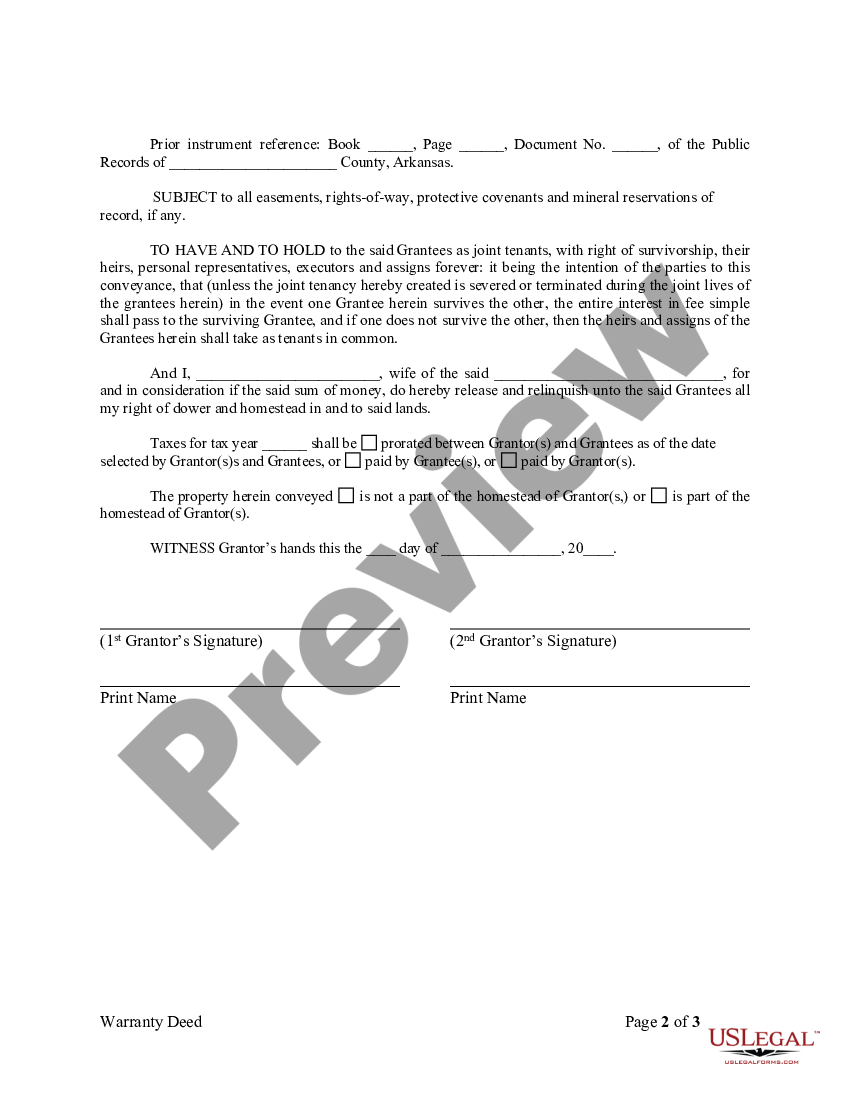 Arkansas Warranty Deed for Separate or Joint Property to Joint Tenancy ...