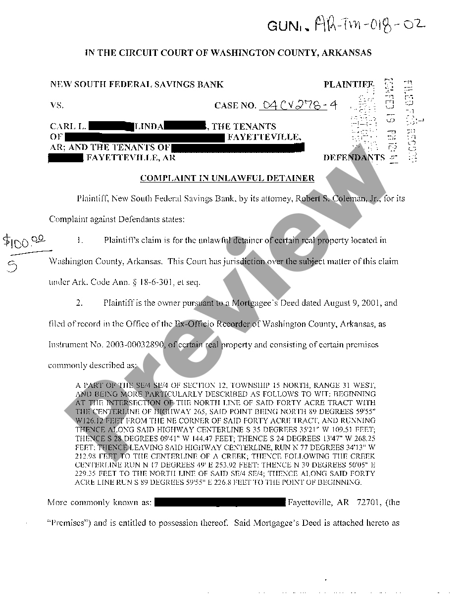 Arkansas Complaint In Unlawful Detainer - Unlawful Detainer Form | US ...