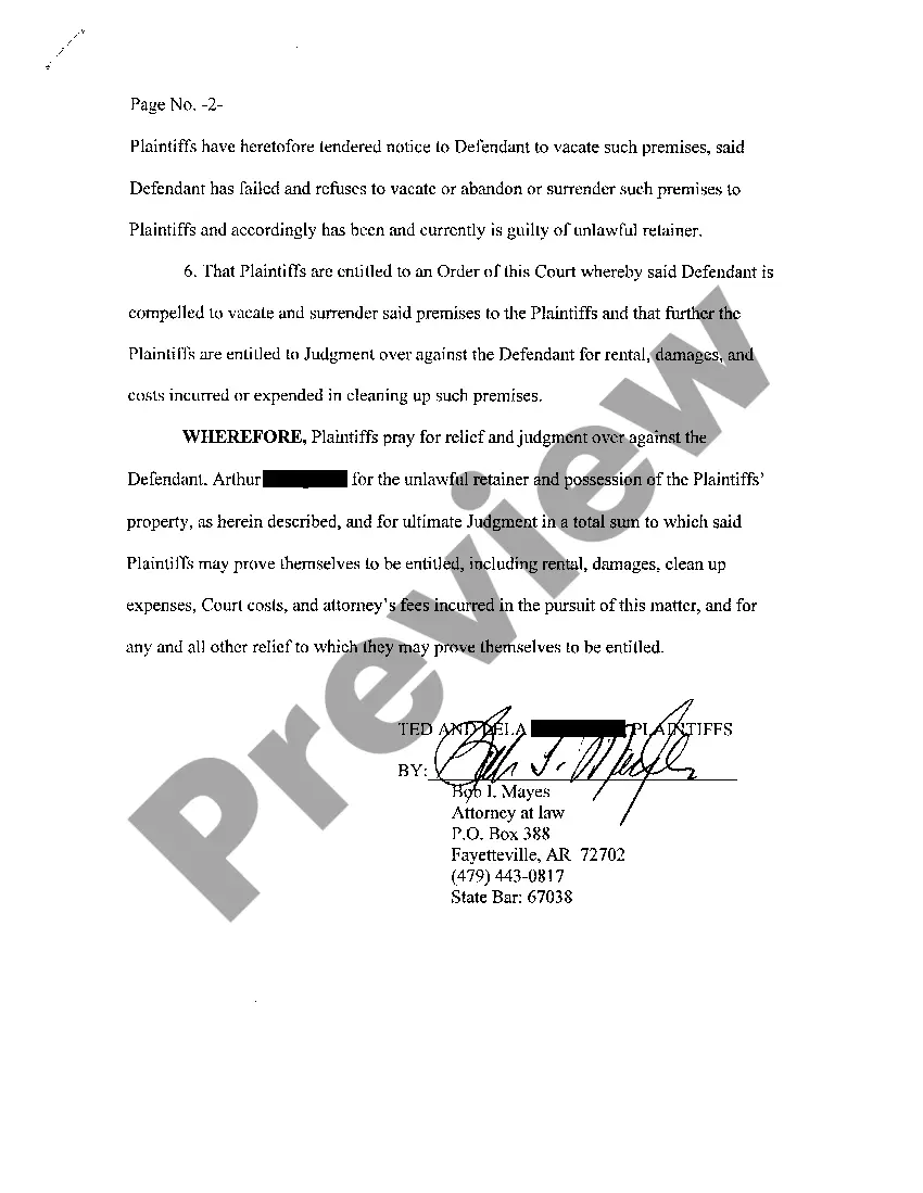 Preview A02 Complaint At Law for Unlawful Detainer