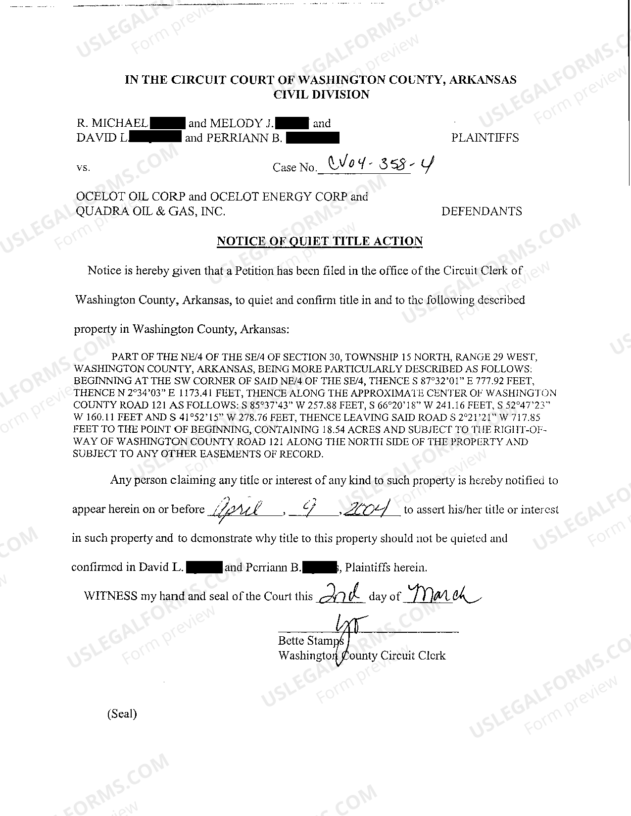 Arkansas Notice of Quiet Title Action - Quiet Title Arkansas | US Legal ...