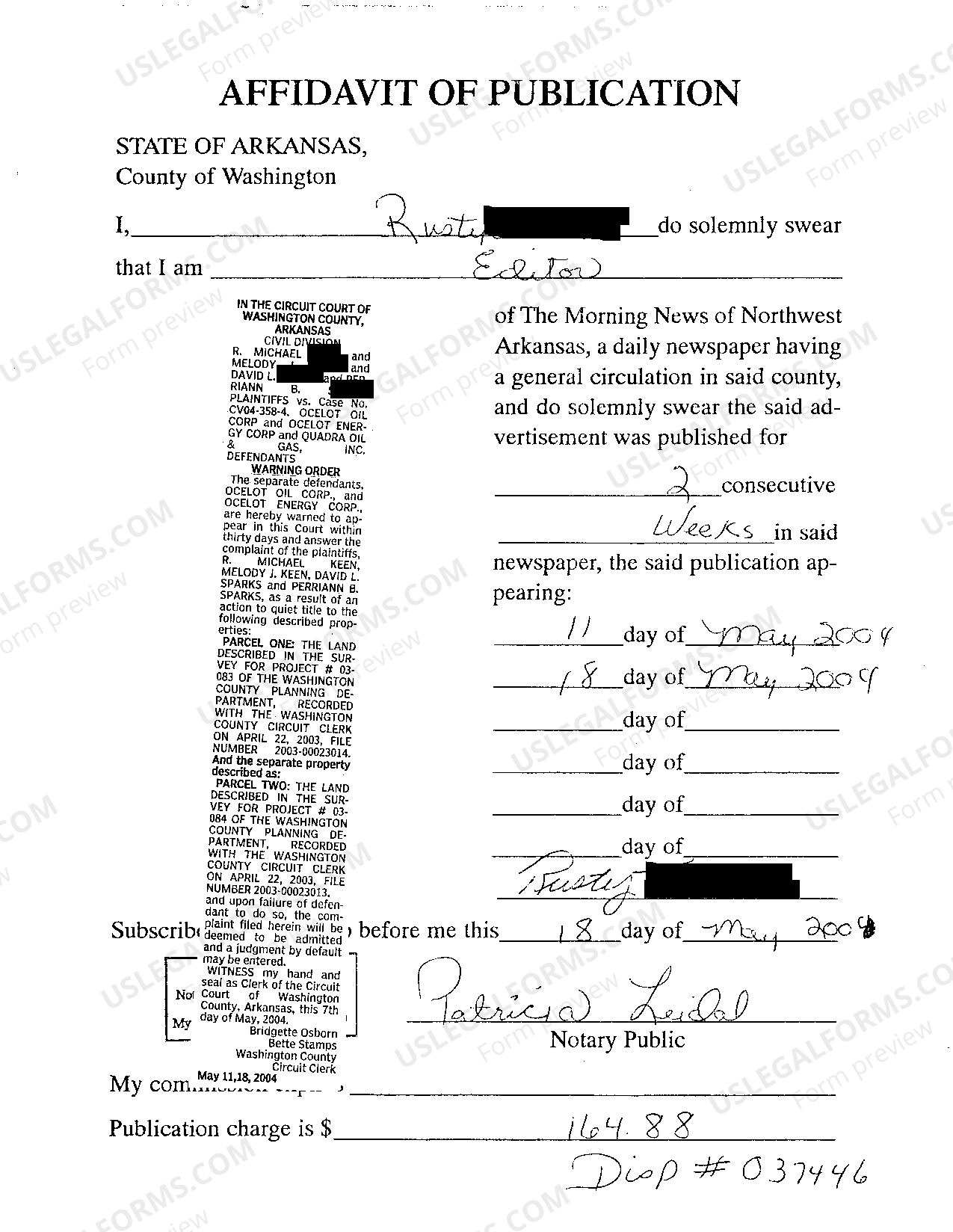 Little Rock Arkansas Affidavit of Publication US Legal Forms