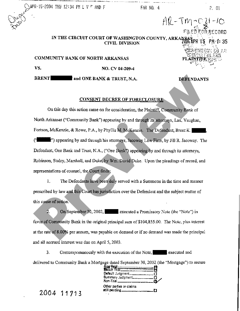 Arkansas Consent Decree of Foreclosure | US Legal Forms