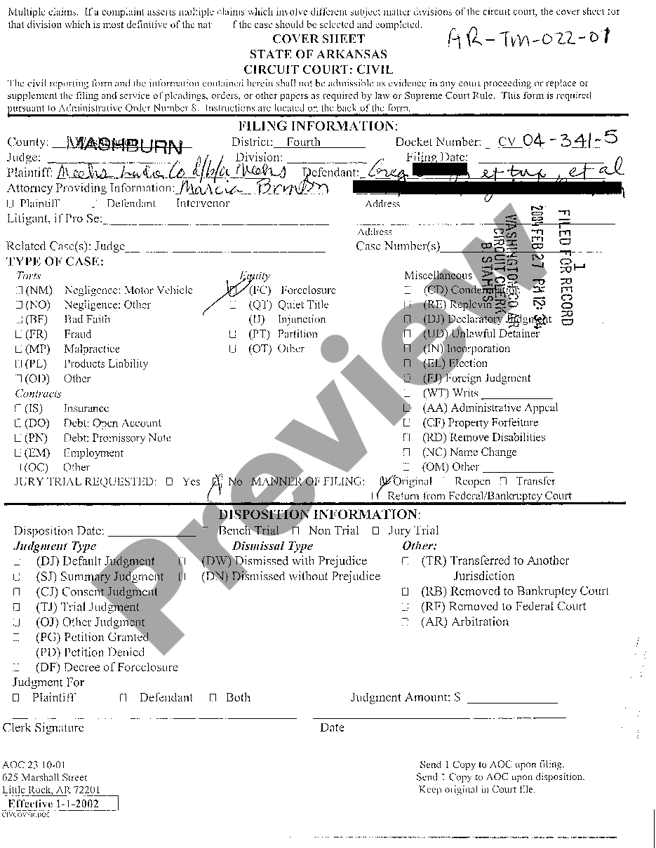 Cover Sheet State Of Arkansas Circuit Court Civil Us Legal Forms 1142