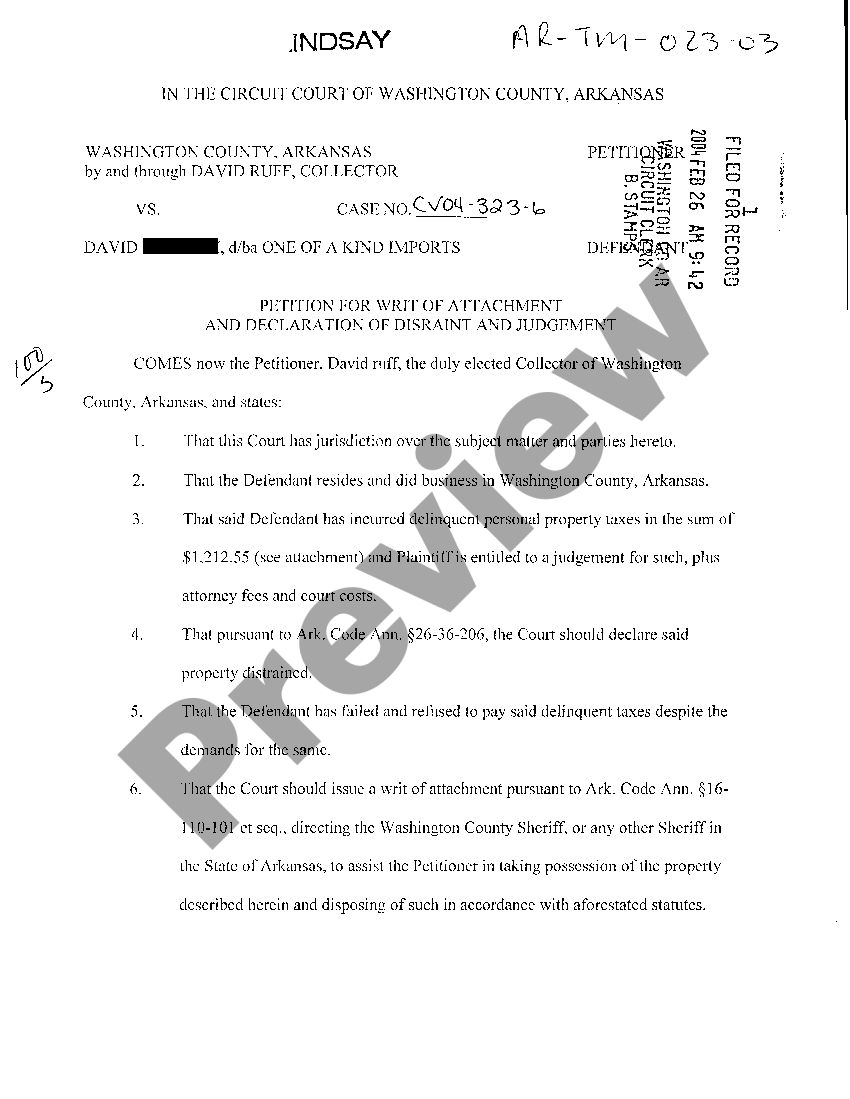 Arkansas Petition For Writ of Attachment and Declaration of Distraint