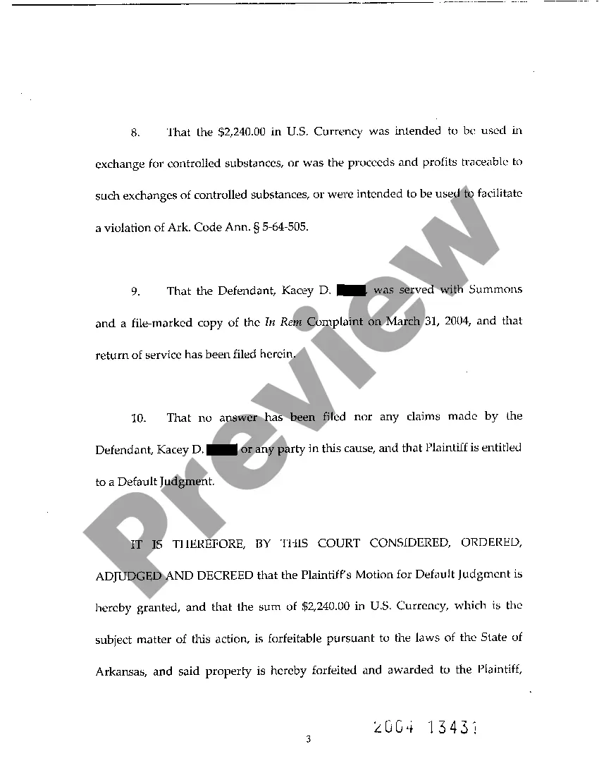 Preview A05 Default Judgment on Complaint for Forfeiture of Seized Property
