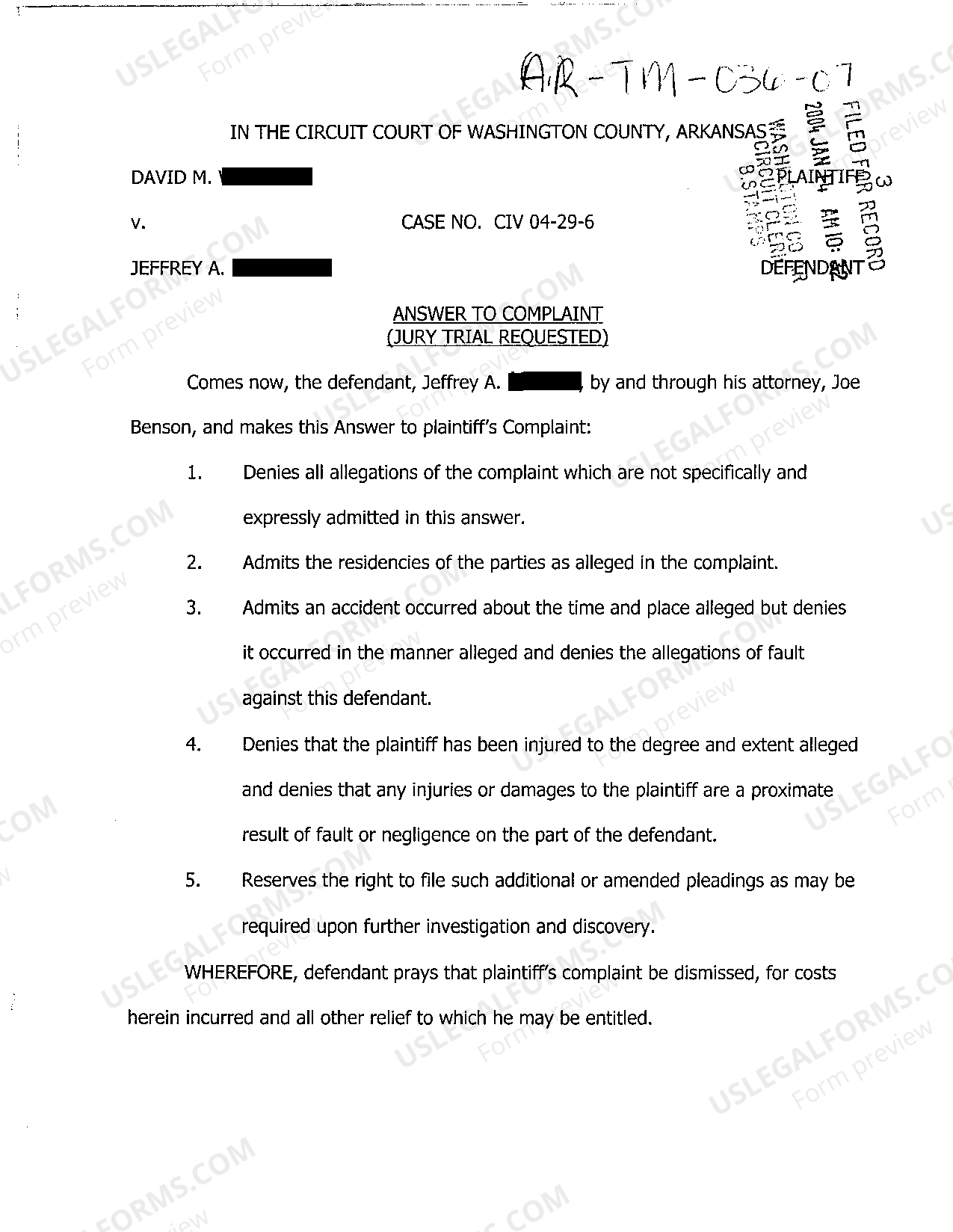 Motor Court Example Answer To Motor Vehicle Complaint Sample With Replacement | US Legal Forms