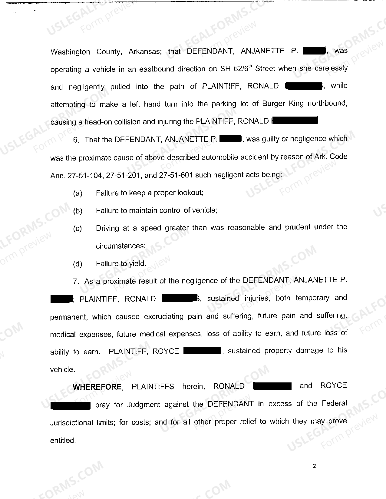 Auto Liability Negligence Complaint Form In Arkansas Form US Legal Forms