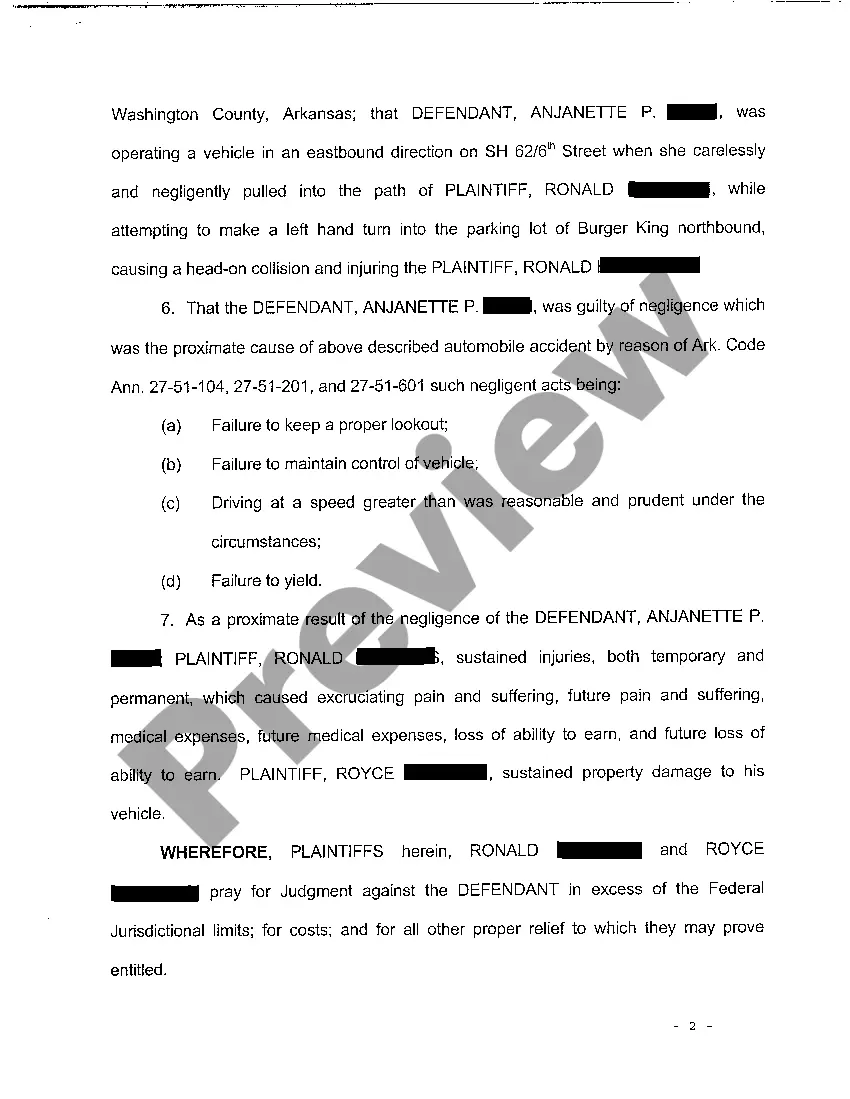 Preview A02 Complaint for Motor Vehicle Negligence