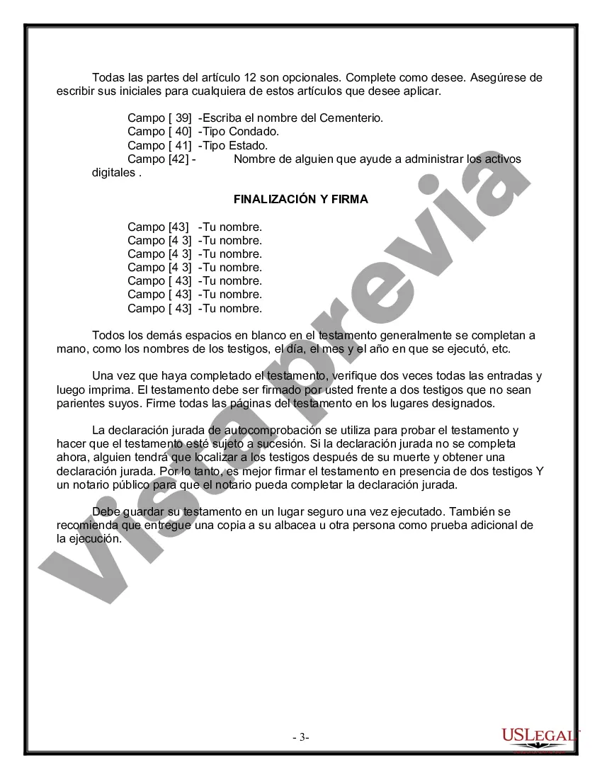 Preview Formulario Legal de Última Voluntad y Testamento para una Persona Soltera con Hijos Menores