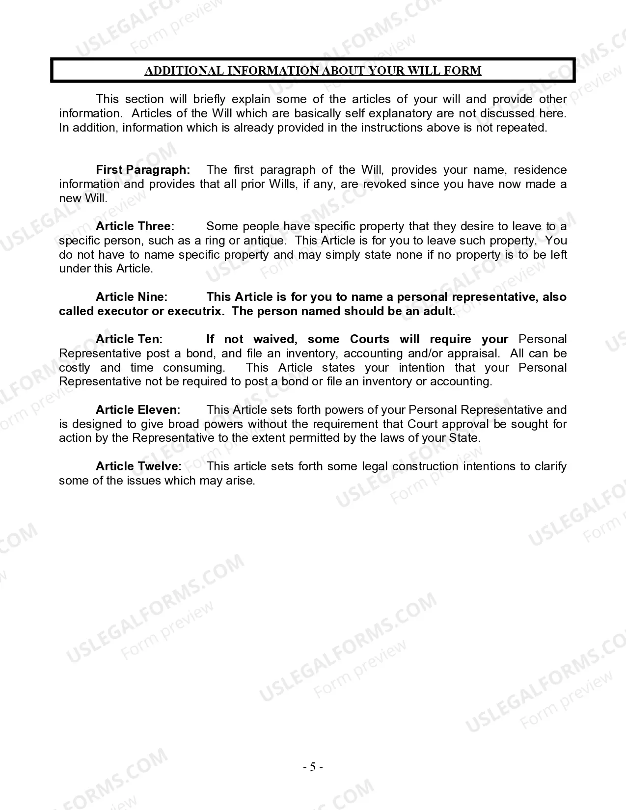 Preview Last Will and Testament for a Single Person with Minor Children