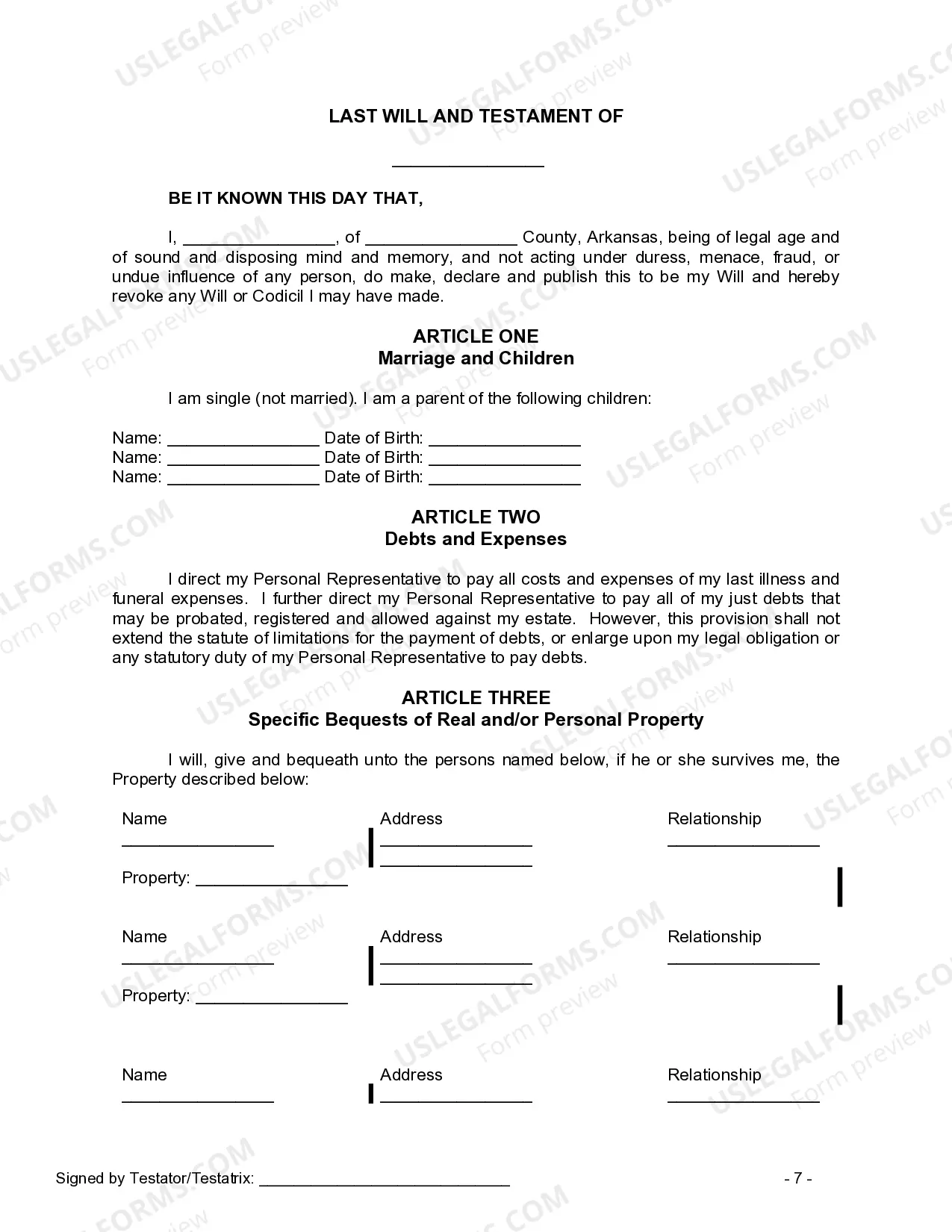 Preview Last Will and Testament for a Single Person with Minor Children