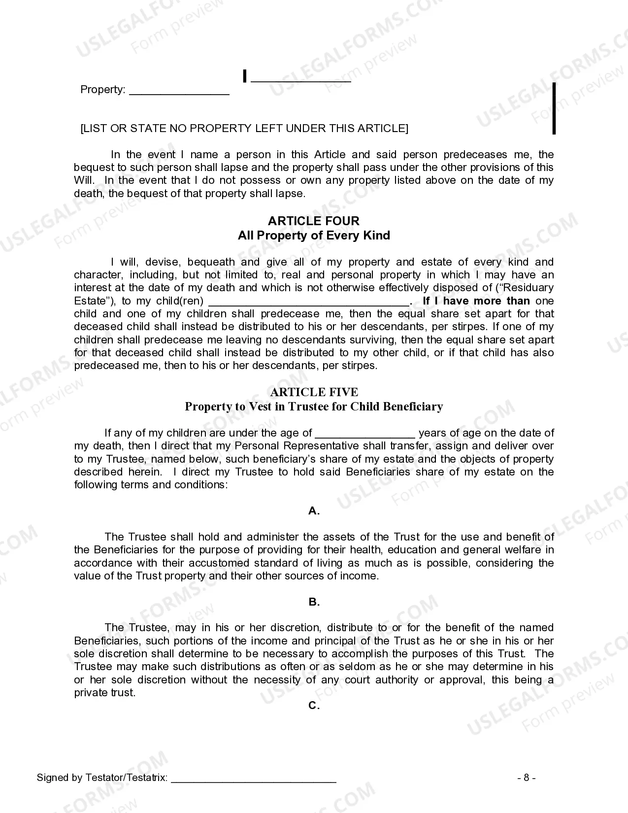 Preview Last Will and Testament for a Single Person with Minor Children