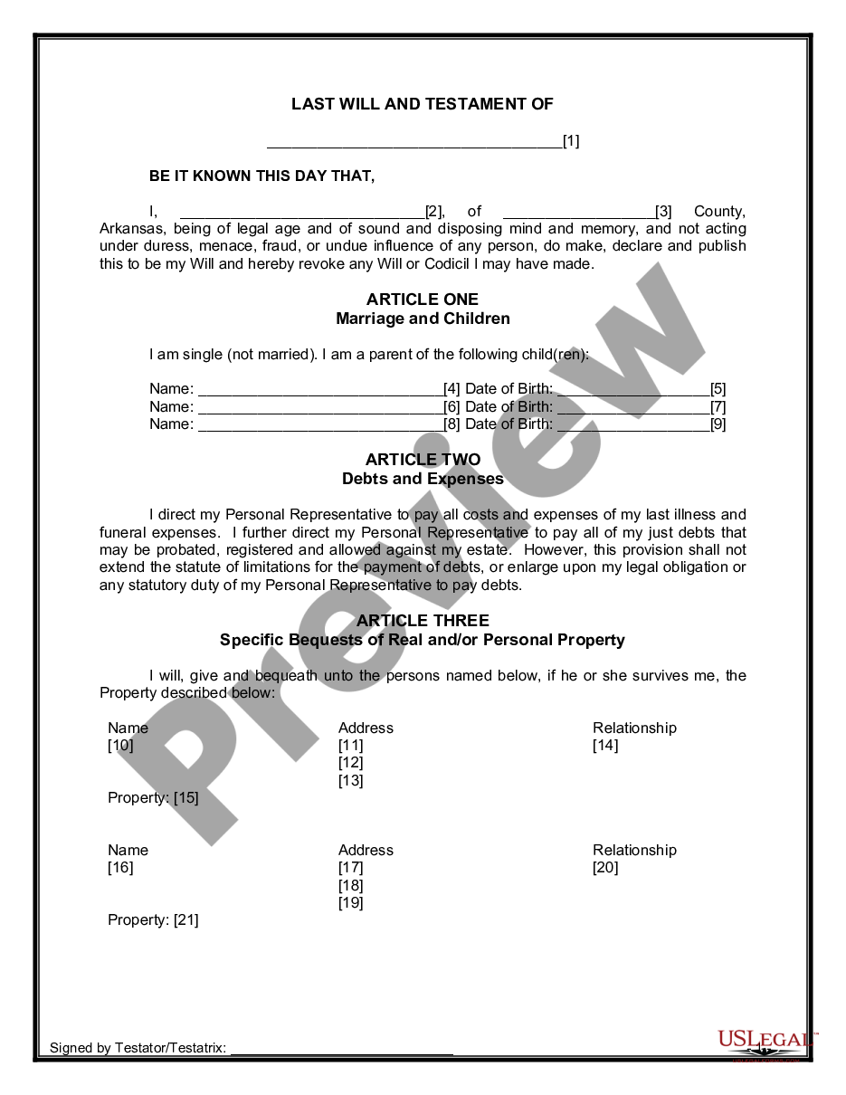 Arkansas Legal Last Will and Testament Form for Single Person with