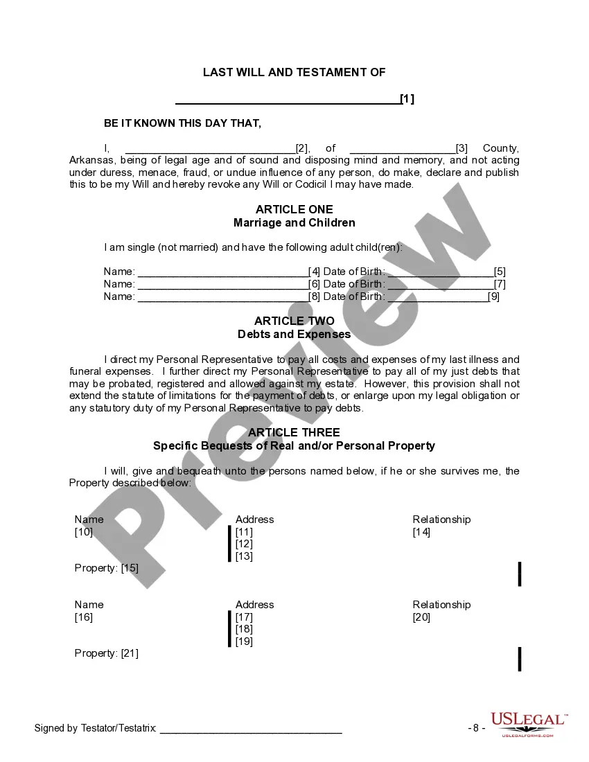 Preview Last Will and Testament for Single Person with Adult Children