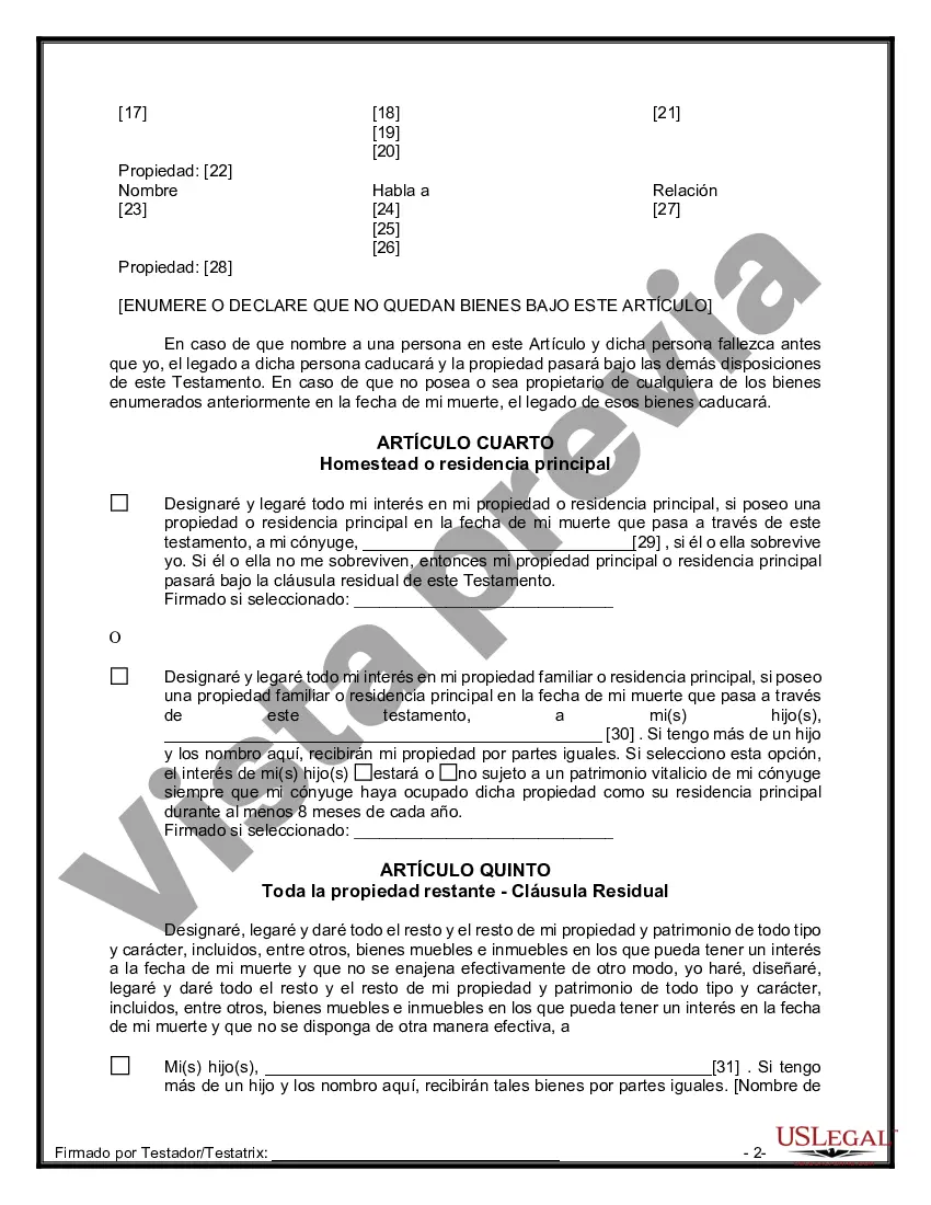 Preview Última voluntad y testamento legal para persona casada con hijos menores de edad de un matrimonio anterior
