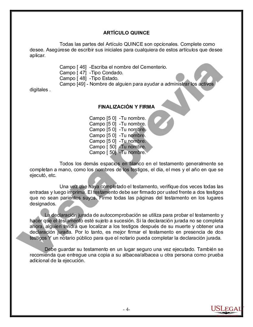 Preview Última voluntad y testamento legal para persona casada con hijos menores de edad de un matrimonio anterior