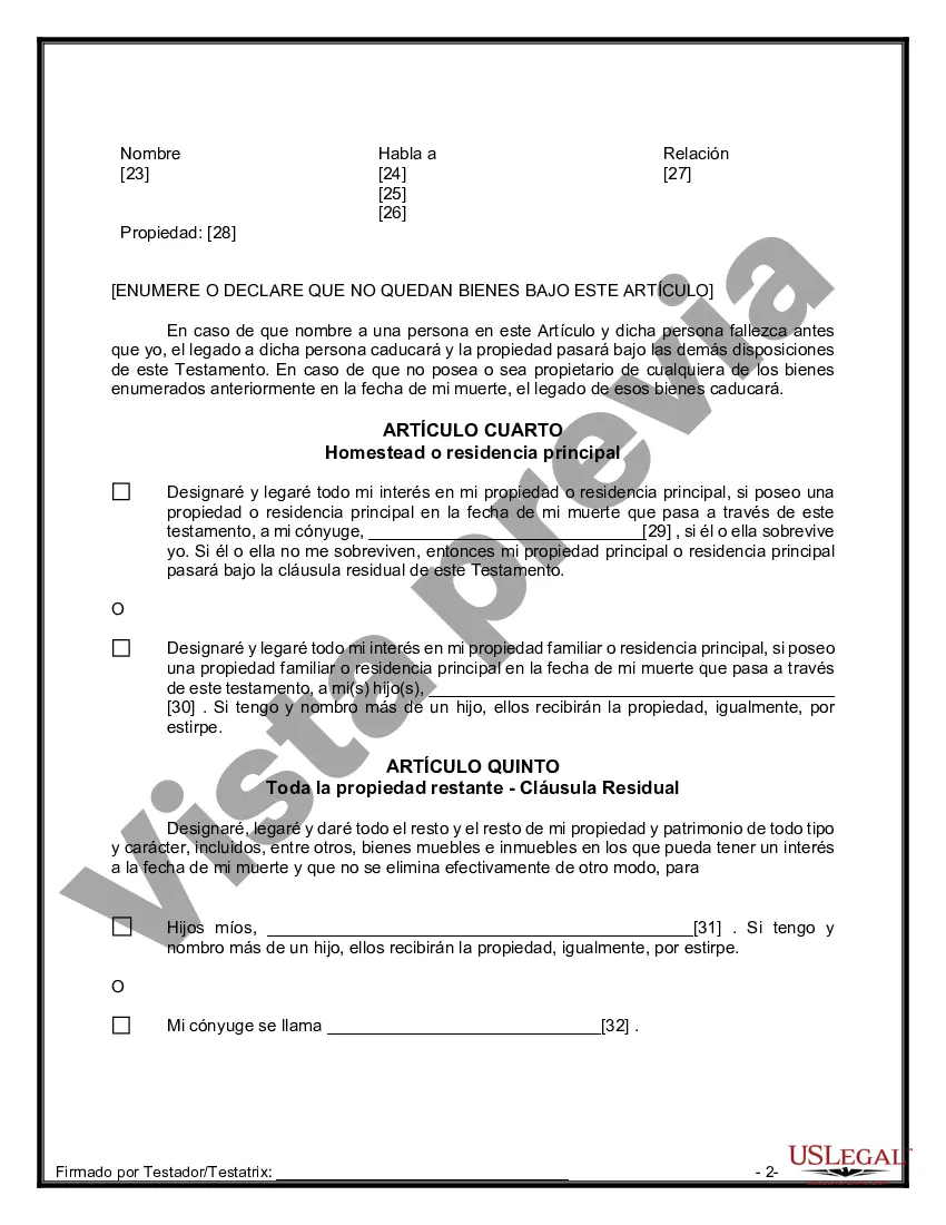 Preview Formulario de última voluntad y testamento legal para una persona casada con hijos adultos de un matrimonio anterior