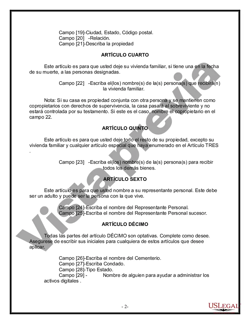 Preview Formulario de última voluntad y testamento legal para personas divorciadas que no se han vuelto a casar y no tienen hijos
