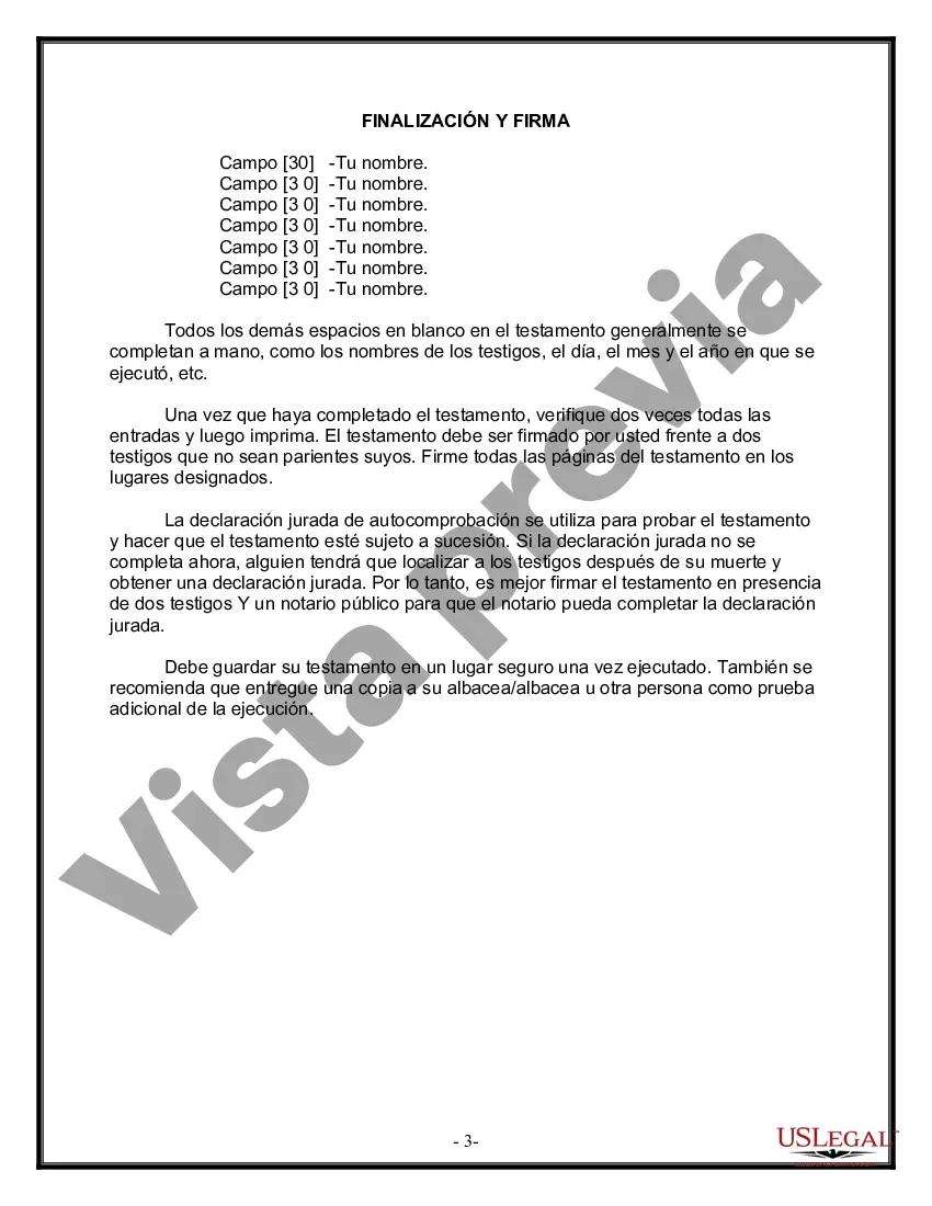 Preview Formulario de última voluntad y testamento legal para personas divorciadas que no se han vuelto a casar y no tienen hijos