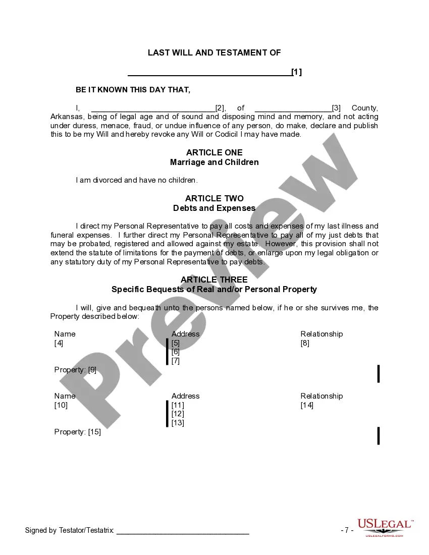 Preview Last Will and Testament for Divorced Person Not Remarried with No Children