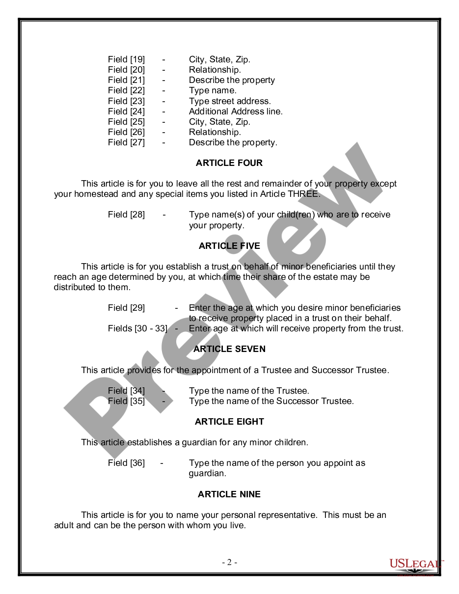 page 1 Legal Last Will and Testament Form for Divorced person not Remarried with Minor Children preview
