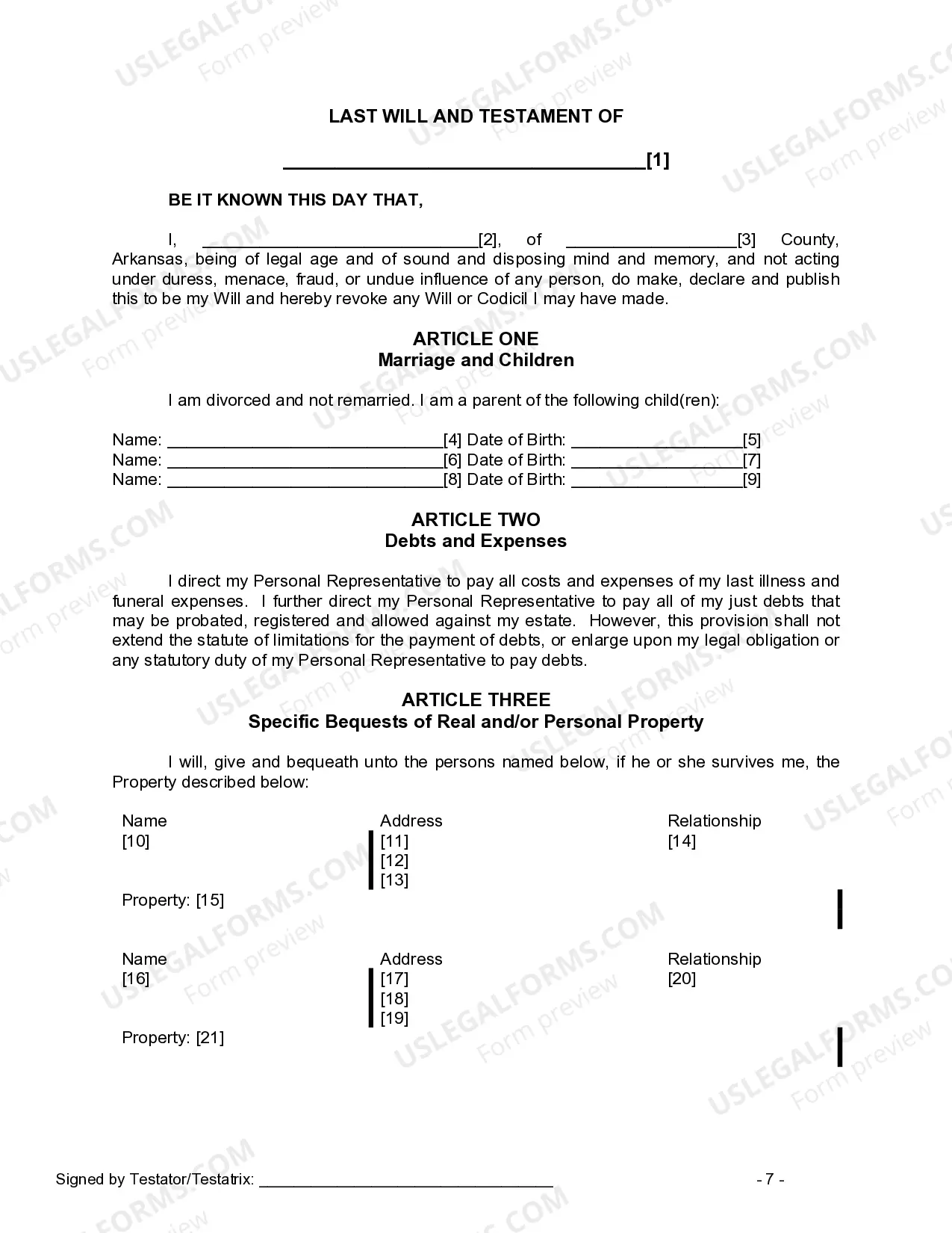 Preview Last Will and Testament for Divorced person not Remarried with Minor Children