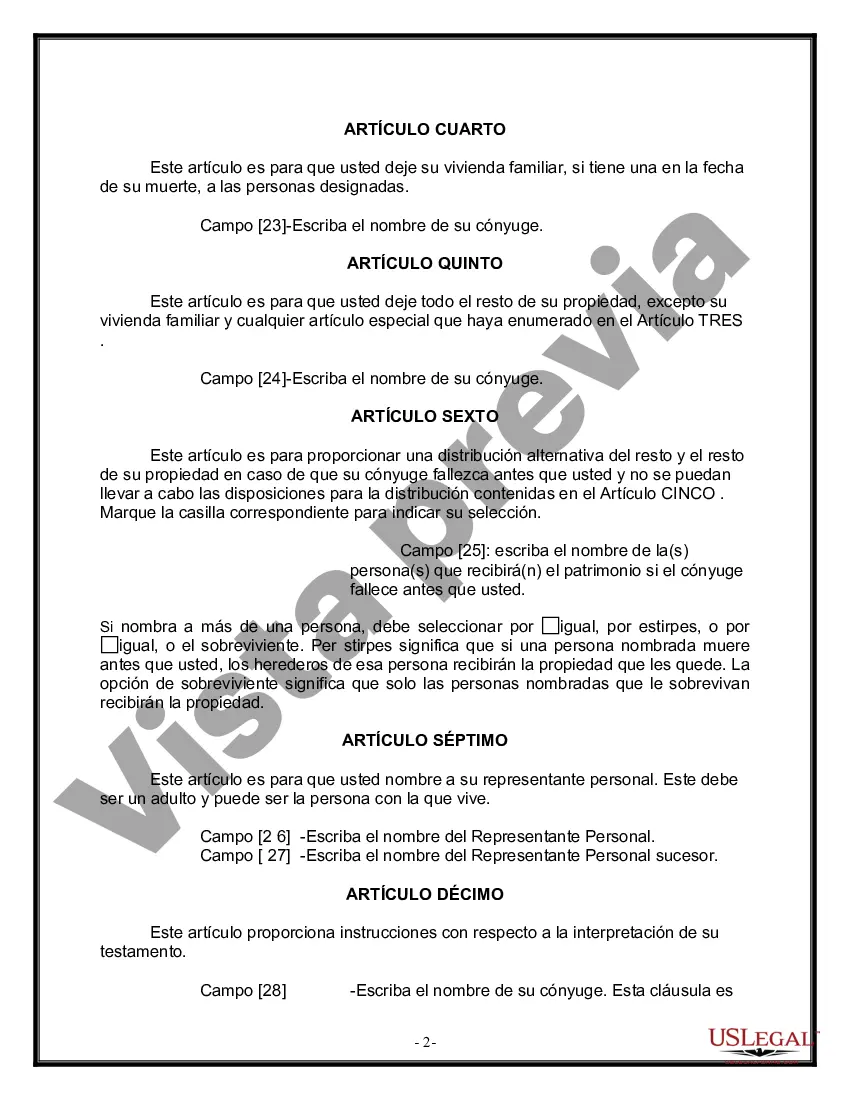 Preview Formulario de última voluntad y testamento legal para una persona casada sin hijos