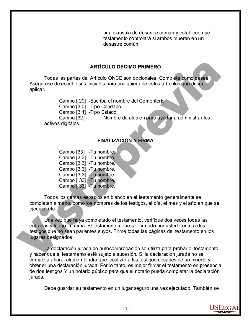 Preview Formulario de última voluntad y testamento legal para una persona casada sin hijos