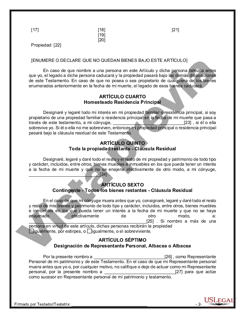 Preview Formulario de última voluntad y testamento legal para una persona casada sin hijos
