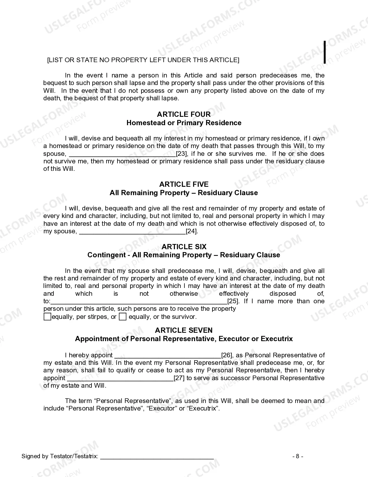 Preview Last Will and Testament for a Married Person with No Children