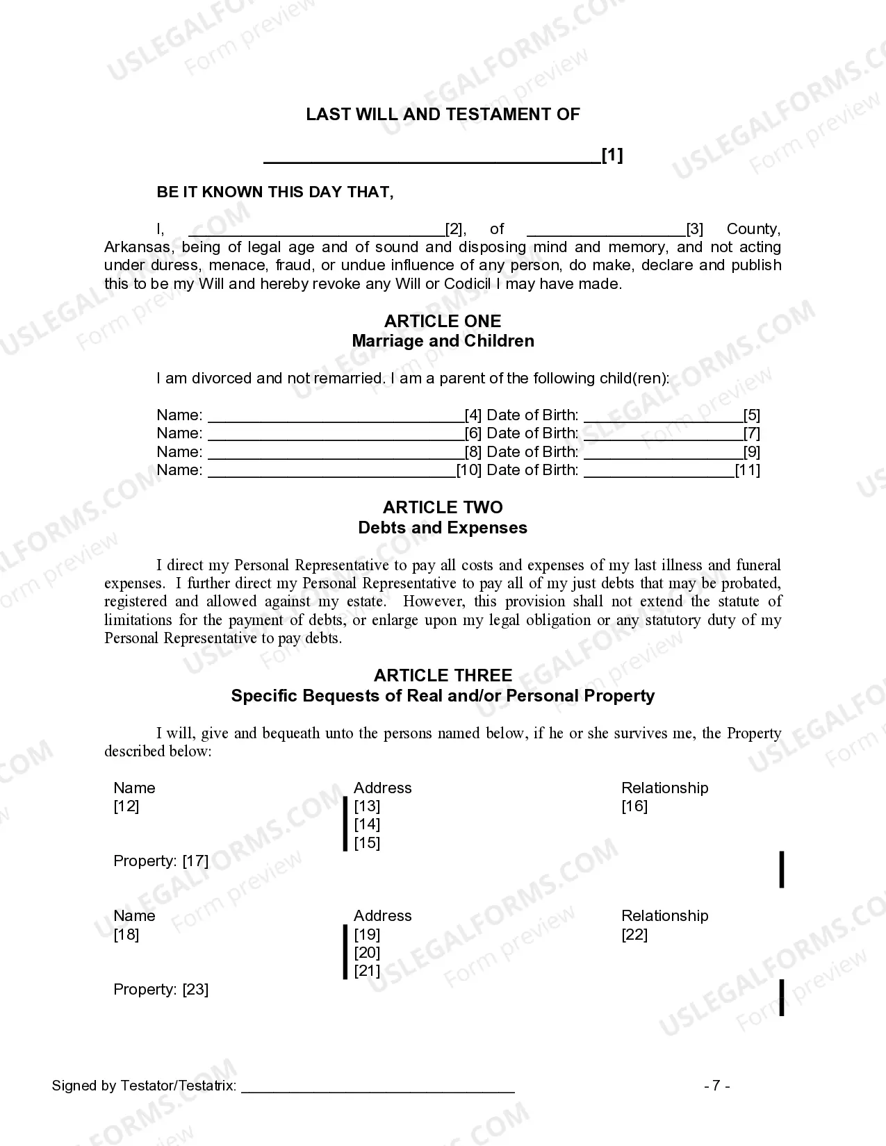 Preview Last Will and Testament for Divorced Person Not Remarried with Adult and Minor Children