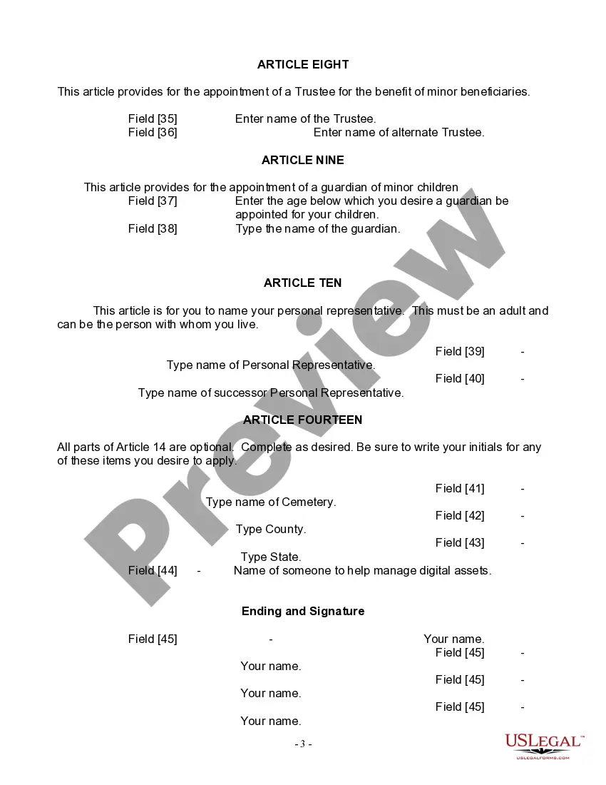 Preview Last Will and Testament for Widow or Widower with Minor Children