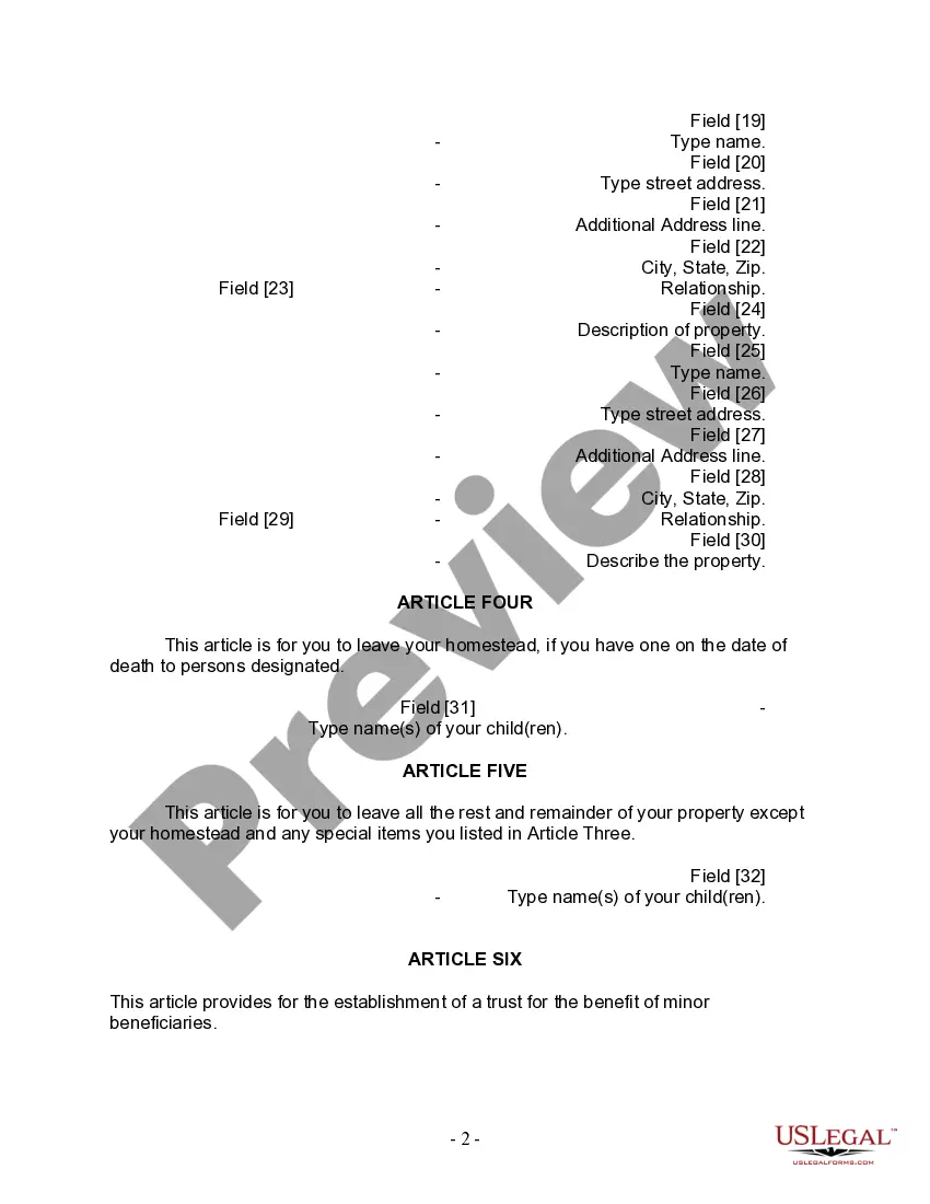 Preview Last Will and Testament for a Widow or Widower with Adult and Minor Children